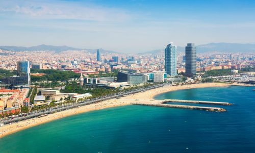 aerial view of Barcelona from Mediterranean. Barceloneta beach and Port Olimpic